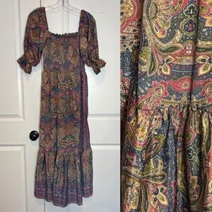 Perry Walker Collective Grace Puff Sleeve Smocked Maxi Dress Silk Paisley O/S